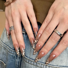 Cyflymder  24Pcs Long Almond Fake Nails Press on Leopard Print French Full Cover Nails Tips with Jelly Glue Detachable Finished False Nails
