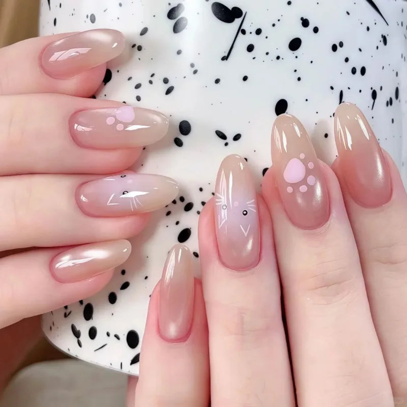 Cyflymder  Cute Pink Cat Paw Print Kitten Nail Art Shiny Nude Cat Eye Wearable Fake Nails Detachable Finished False Nails Press on Nails