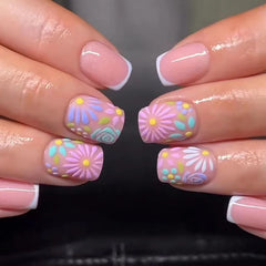 Cyflymder  24Pcs Simple Purple Yellow Flower with Design False Nails Short Square Head Press on Fake Nails Detachable Full Cover Nails Tips