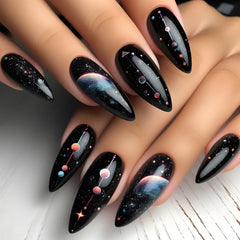 Cyflymder  24pcs/set Almond Shaped Black Galaxy Press-On Nails with Star Design Glossy Finish Space-Themed Detachable Artificial Nail Tips