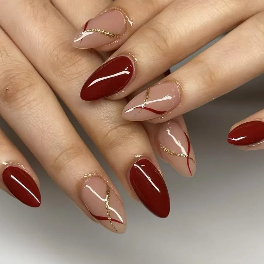 Cyflymder  24Pcs Golden Stripe Design Fake Nails Red Flower Grass Wearable Press on False Nails Art Mid-length Almond Full Cover Nails Tips