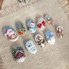 Cyflymder  24Pcs Short Round Head Fake Nails Snowfield Santa Claus Design Press on False Nails Snowman Bow Detachable Full Cover Nails Tips