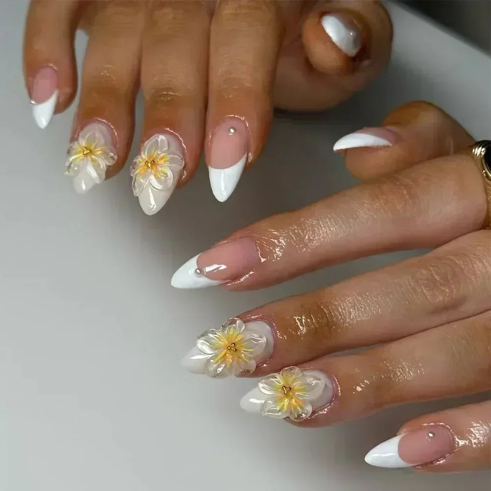 Cyflymder  24Pcs Almond False Nails Cute Strawberries with French Design Simple White Wearable Fake Nails Decoration Press on Nail Tips Art