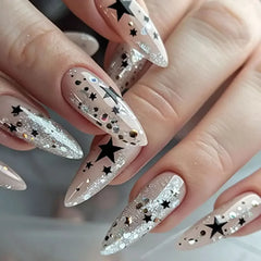 Cyflymder  Glitter Powder Stars Pink Halo Dyeing Nail Art Fashion Shiny False Nails Detachable Finished Fake Nails Press on Nails with Glue