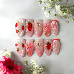 Cyflymder  24Pcs Mid-length French Almond Full Cover Nails Tips Pink Smudge Detachable False Nails Bow Heart Rhinestone Press on Fake Nails