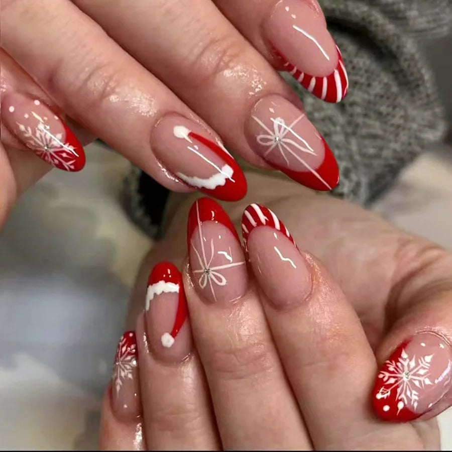 Cyflymder  24Pcs Mid-length Almond Fake Nail Red Striped French Christmas Hat Press on False Nails Snowflake Wearable Full Cover Nails Tips