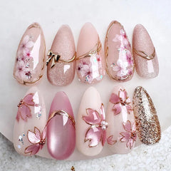 Cyflymder  24pcs Flower Almond Press on Nails False Nails Wearable Stick-on Nails Fake Nail Uñas Postizas Накладные Ногти Faux Ongles 네일팁
