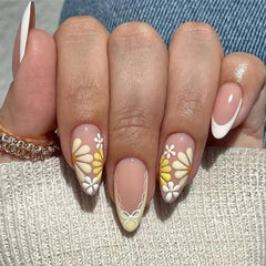 Cyflymder  Pink Purple Flowers White Bowknot French Nail Art Summer Fashion Almond False Nail Detachable Finished Fake Nails Press on Nails