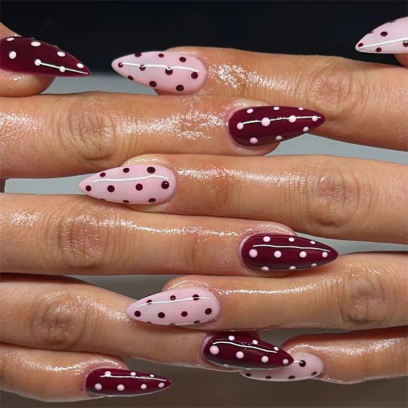 Cyflymder  Bowknot Pearl French Brown Wearable Nail Art White Round Polka Dot Fake Nails Detachable Finished False Nails Press on Nails