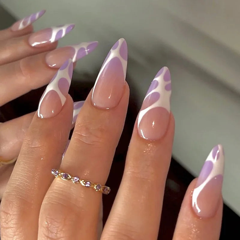 Cyflymder  24Pcs Purple French Fake Nails Press on Mid-length Almond False Nail with White Irregular Graffiti Wearable Ful Cover Nails Tips