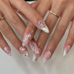 Cyflymder  Sweet Pink French Nail Art 3D Bowknot Butterfly Pearl False Nails Fashion Detachable Finished Fake Nails Press on Nail with Glue