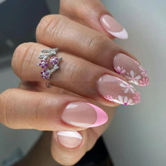 Cyflymder  Pink Purple Flowers White Bowknot French Nail Art Summer Fashion Almond False Nail Detachable Finished Fake Nails Press on Nails