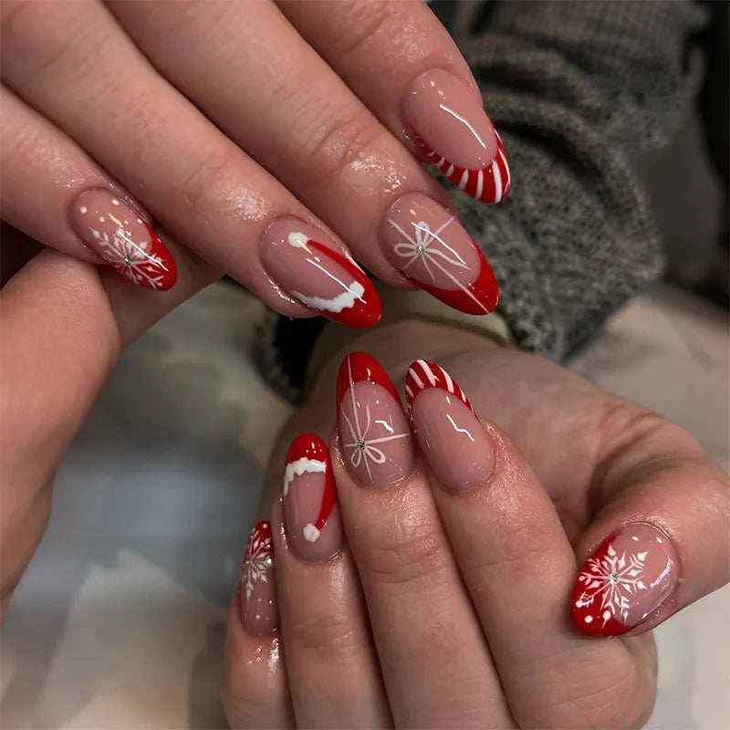 Cyflymder  24Pcs Short Round Head Fake Nails Snowfield Santa Claus Design Press on False Nails Snowman Bow Detachable Full Cover Nails Tips