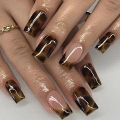 Cyflymder  24pcs Brown French Square Press on Nails Retro False Nails Wearable Stick-on Nails Fake Nail Uñas Postizas Накладные Ногти 네일팁