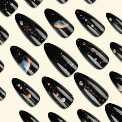 Cyflymder  24pcs/set Almond Shaped Black Galaxy Press-On Nails with Star Design Glossy Finish Space-Themed Detachable Artificial Nail Tips