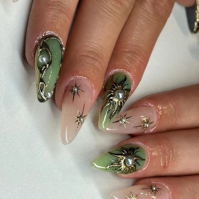 Cyflymder  24Pcs Mid-length Almond Press on False Nails Sun Totem Gilding Design Full Cover Nails Tips Pearl Detachable Finished Fake Nails