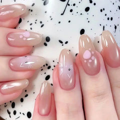Cyflymder  Cute Pink Cat Paw Print Kitten Nail Art Shiny Nude Cat Eye Wearable Fake Nails Detachable Finished False Nails Press on Nails