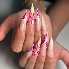 Cyflymder  24Pcs French Gradient Water Ripple Press on Fake Nails Long Stiletto Reusable False Nails with 3D Red Flower Smudge Manicure Tip