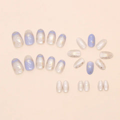 Cyflymder  24pcs Romantic Y2k Star Press On Nails Gradient Blue French Style Gold Moon Designs Fake Nail Sweet Almond False Nails For Women