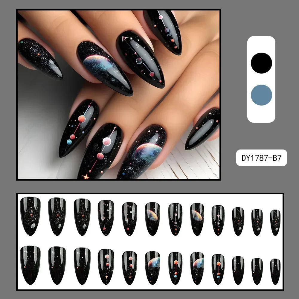 Cyflymder  24pcs/set Almond Shaped Black Galaxy Press-On Nails with Star Design Glossy Finish Space-Themed Detachable Artificial Nail Tips