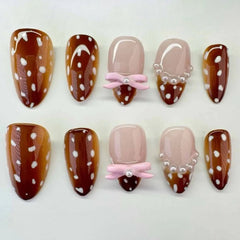 Cyflymder  Bowknot Pearl French Brown Wearable Nail Art White Round Polka Dot Fake Nails Detachable Finished False Nails Press on Nails