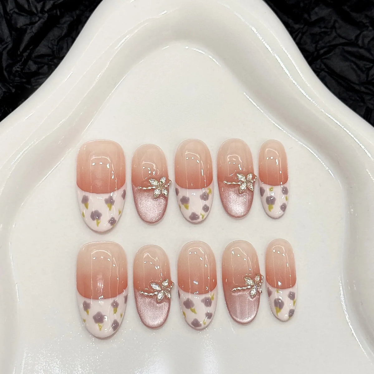 Cyflymder  10Pcs French Almond Handmade Press on Nails Pink Cat Eye Fake Nails Flower False Nails 네일팁 Накладные Ногти Uñas Postizas Mujer