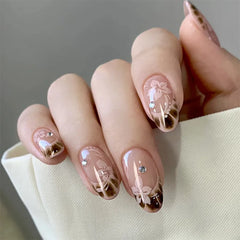 Cyflymder  24pcs Brown French Almond Press on Nails Pink Flower False Nails Wearable Stick-on Nails Fake Nail Накладные Ногти 네일팁 Uñas