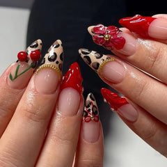 Cyflymder  24Pcs 3D Flower Cherry Chain Press on False Nails Red Leopard Print French Manicure Tips Mid-length Almond Detachable Fake Nails
