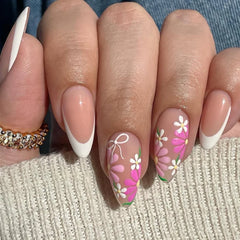 Cyflymder  Pink Purple Flowers White Bowknot French Nail Art Summer Fashion Almond False Nail Detachable Finished Fake Nails Press on Nails