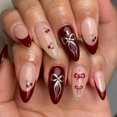 Cyflymder  24Pcs Mid-length Almond False Nails Press on White Polka Dot French Stripe Full Cover Nails Tips Bow Pearl Detachable Fake Nails
