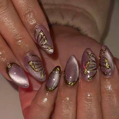 Cyflymder  3D Gold Butterfly French Wearable Nail Art Sparkling Purple Cat Eye False Nails Detachable Finished Fake Nails Press on Nails
