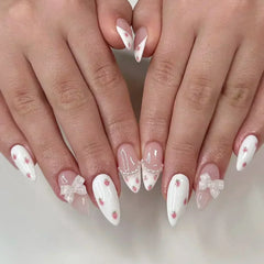 Cyflymder  24Pcs Almond False Nails Cute Strawberries with French Design Simple White Wearable Fake Nails Decoration Press on Nail Tips Art