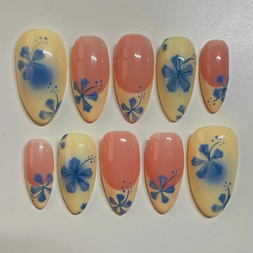 Cyflymder 10Pcs Handmade Manicure Medium Almond Fake Nails French Flower Summer Hot  Limited Press On Nails with Adhesive Nail File Set