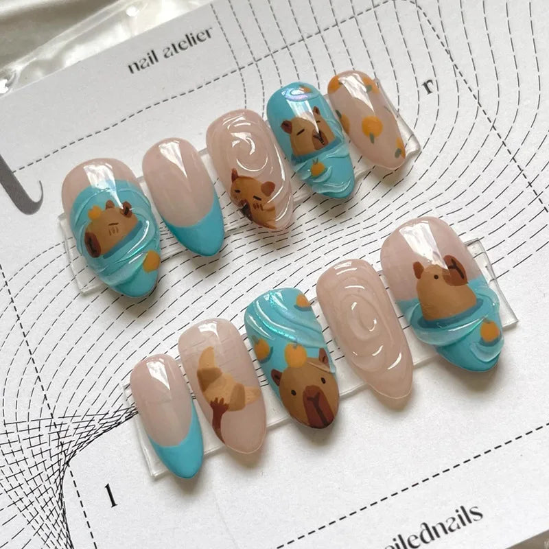 Cyflymder  24pcs Romantic Y2k Star Press On Nails Gradient Blue French Style Gold Moon Designs Fake Nail Sweet Almond False Nails For Women