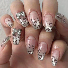 Cyflymder  Pink Leopard Print Shiny Cat Eye French Nail Art Silver Metal Bowknot False Nails Detachable Finished Fake Nails Press on Nails