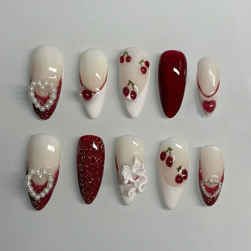 Cyflymder  24Pcs Mid-length French Almond Full Cover Nails Tips Pink Smudge Detachable False Nails Bow Heart Rhinestone Press on Fake Nails