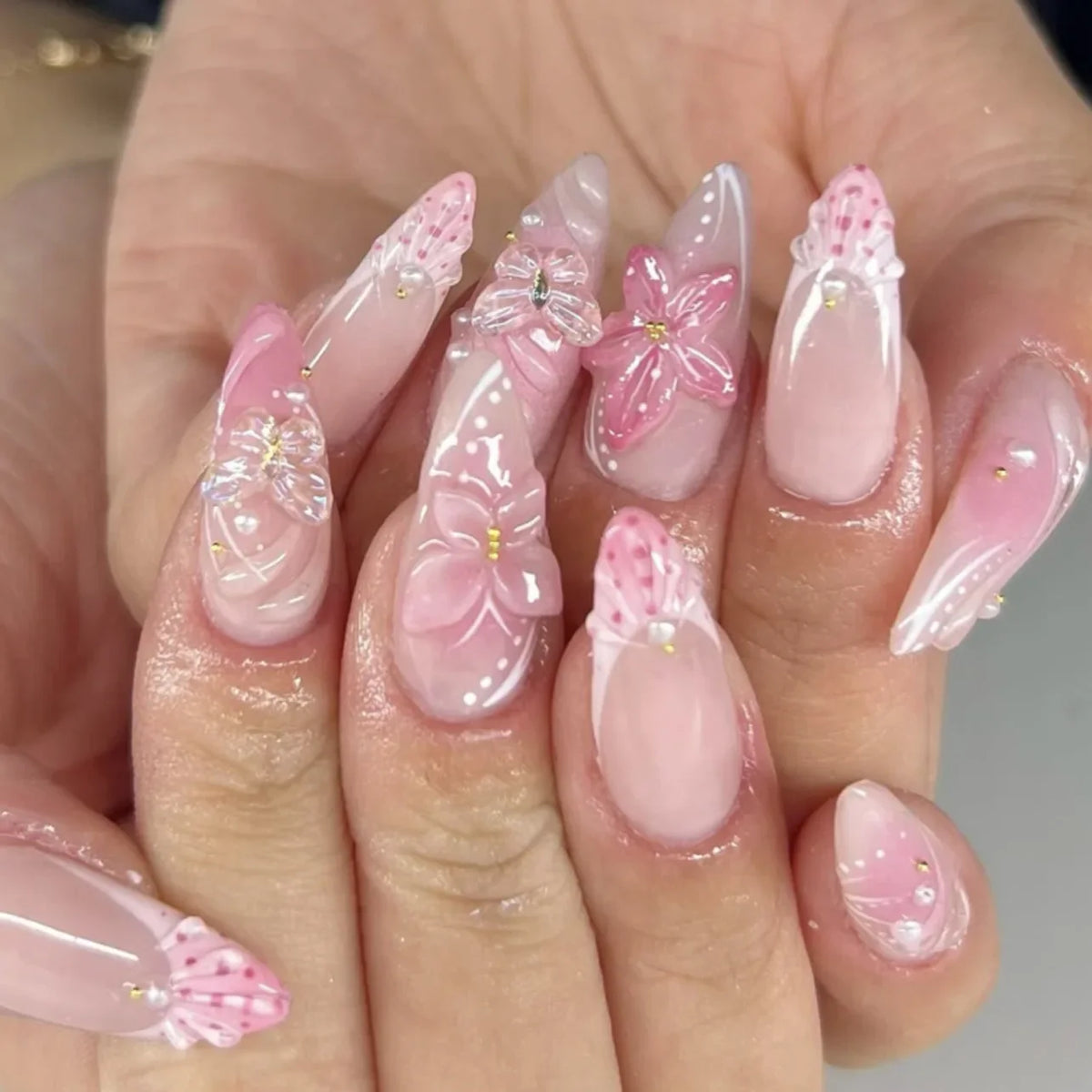 Cyflymder  24pcs Flower Almond Press on Nails False Nails Wearable Stick-on Nails Fake Nail Uñas Postizas Накладные Ногти Faux Ongles 네일팁