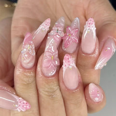 Cyflymder  24pcs Flower Almond Press on Nails False Nails Wearable Stick-on Nails Fake Nail Uñas Postizas Накладные Ногти Faux Ongles 네일팁