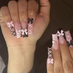 Cyflymder  24Pcs Long Square Head Press on Nails Pink Leopard Print French Design False Nails 3D Bow Detachable Full Cover Fake Nails Tips