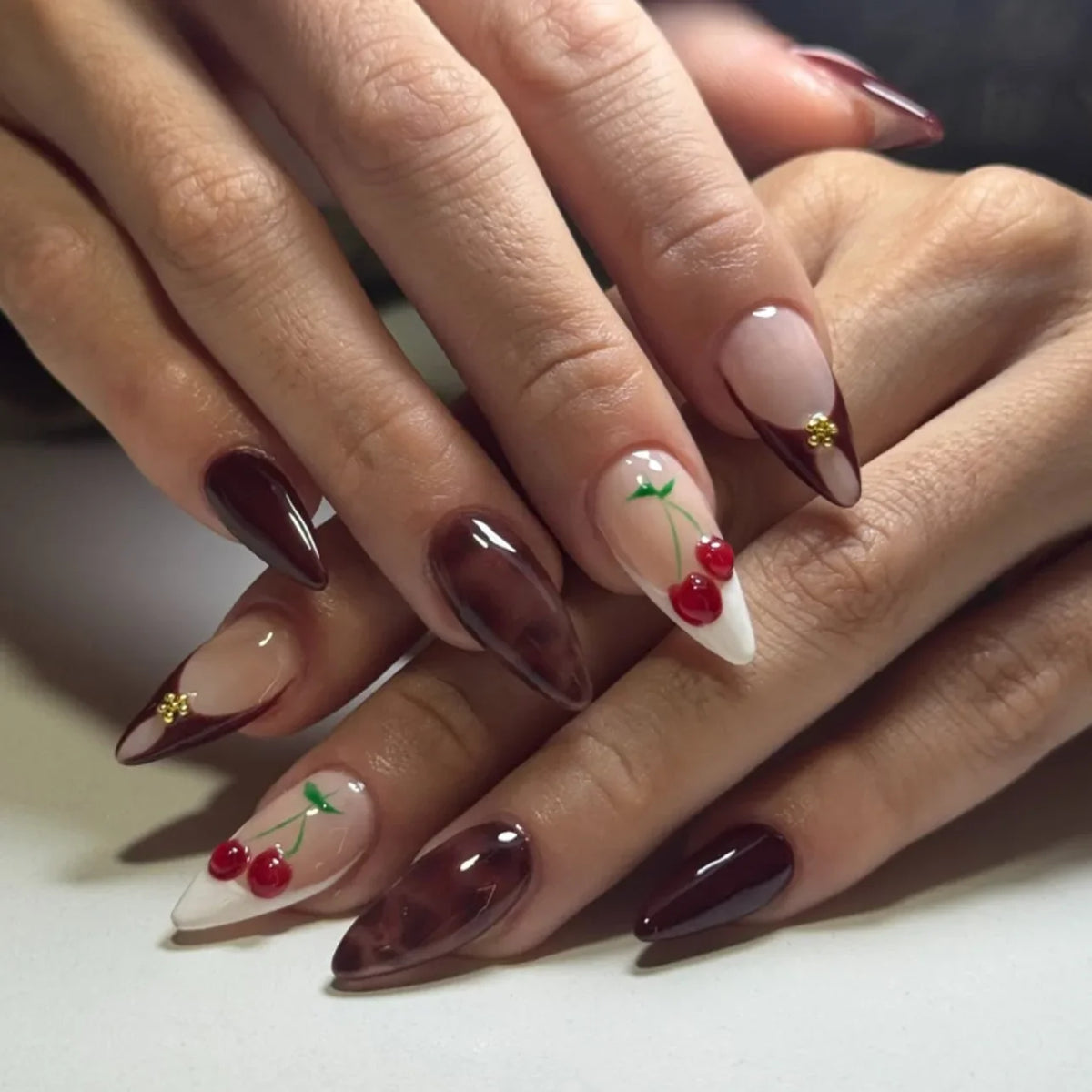 Cyflymder  24Pcs 3D Flower Cherry Chain Press on False Nails Red Leopard Print French Manicure Tips Mid-length Almond Detachable Fake Nails