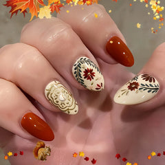 Cyflymder  24Pcs Golden Stripe Design Fake Nails Red Flower Grass Wearable Press on False Nails Art Mid-length Almond Full Cover Nails Tips
