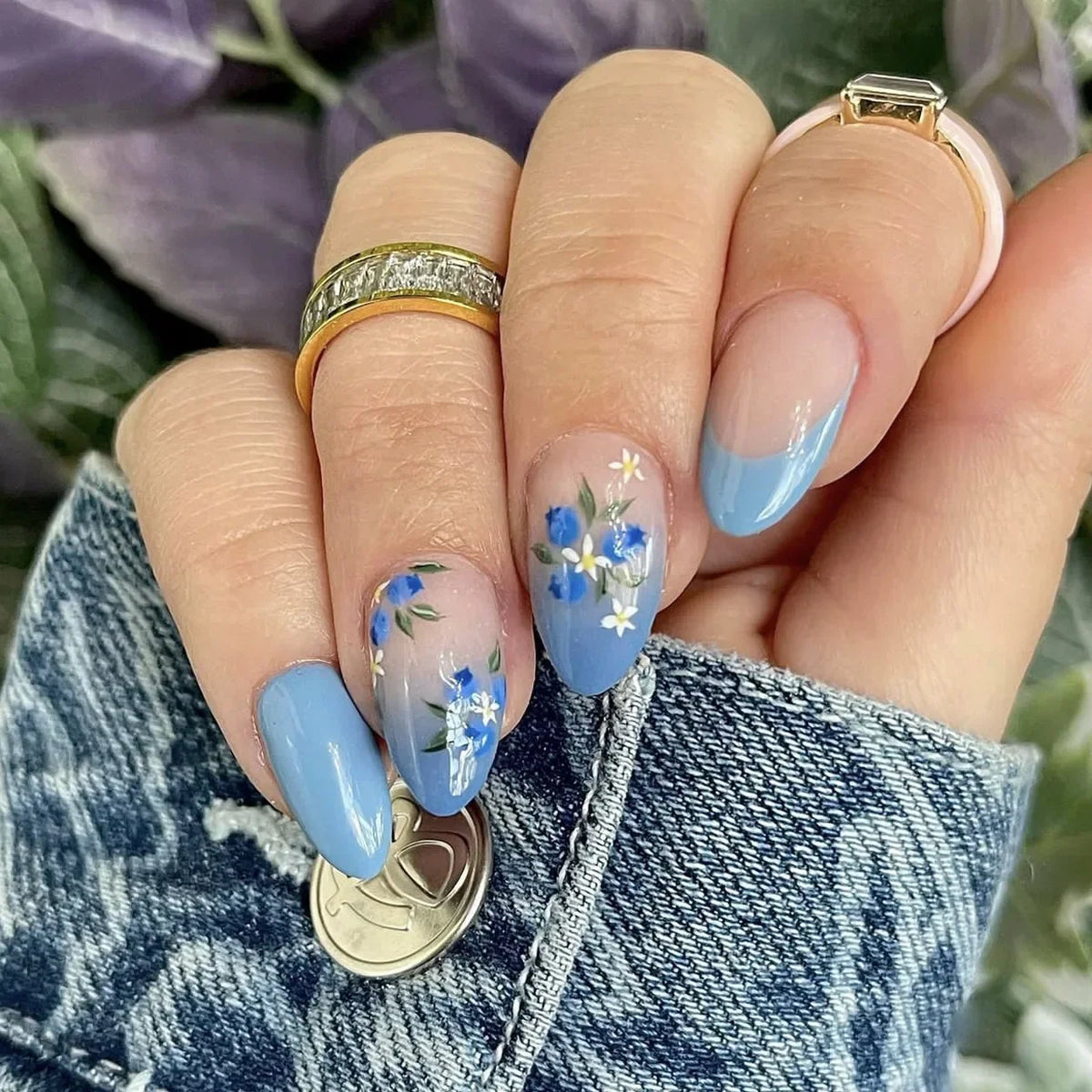 Cyflymder  Pink Purple Flowers White Bowknot French Nail Art Summer Fashion Almond False Nail Detachable Finished Fake Nails Press on Nails