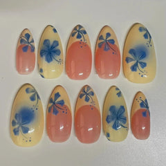 Cyflymder 10Pcs Handmade Manicure Medium Almond Fake Nails French Flower Summer Hot  Limited Press On Nails with Adhesive Nail File Set
