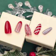 Cyflymder  French Red Candy Stripe Silver Glitter Powder Christmas Fake Nails Detachable Finished False Nails Press on Nails with Glue