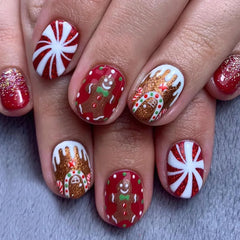 Cyflymder  24Pcs Short Square Head Press on Fake Nails Gingerbread Man Chocolate House Full Cover Nails Tips Christmas Reusable False Nails