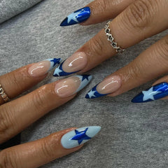 Cyflymder  Fashion Cool Light Blue Stars Deep Blue Glitter Almond Shape Fake Nails Detachable Finished False Nails Press on Nails with Glue