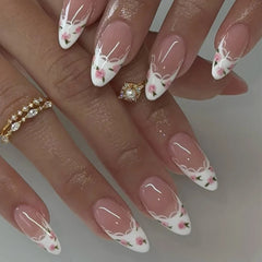 Cyflymder  Blue Ribbon Bowknot White Flora Lace Pearl French Nail Art Wearable False Nails Detachable Finished Fake Nails Press on Nails