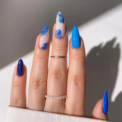 Cyflymder  24Pcs Purple French Fake Nails Press on Mid-length Almond False Nail with White Irregular Graffiti Wearable Ful Cover Nails Tips