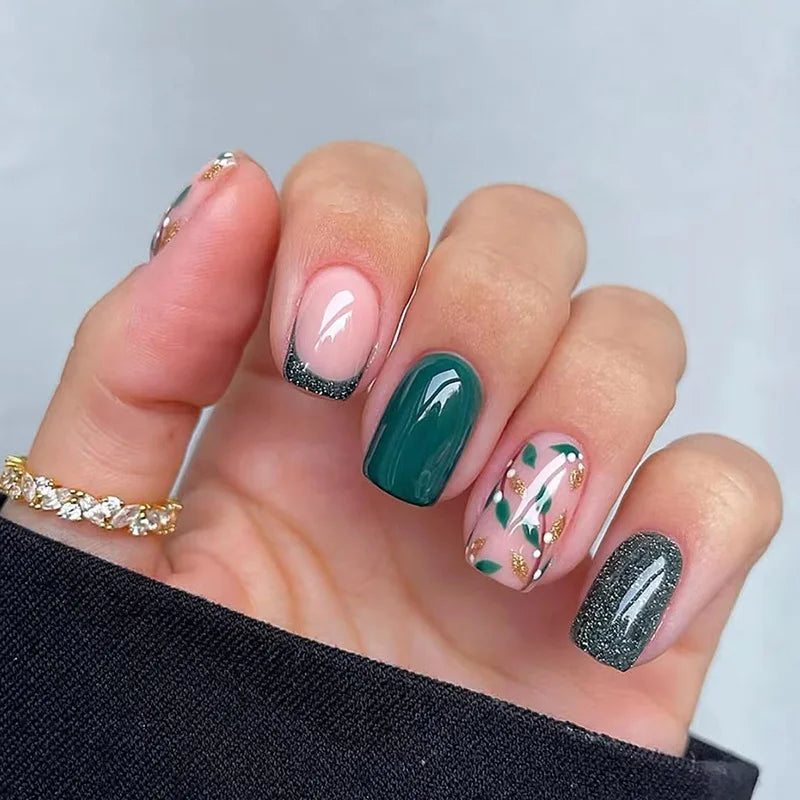 Cyflymder  24Pcs Mid-length Square Head False Nails Press on Simple Flower Leaf Design Full Cover Nails Tips Detachable Finished Fake Nails