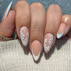 Cyflymder  Pink Purple Flowers White Bowknot French Nail Art Summer Fashion Almond False Nail Detachable Finished Fake Nails Press on Nails